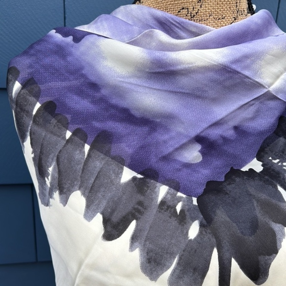 💜🤍🖤Halston silk scarf black purple art 34x34 kerchief - Picture 2 of 11